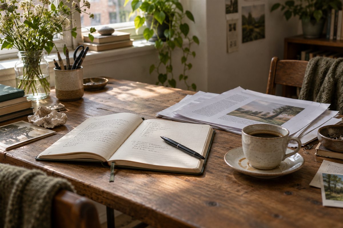 An open notebook, pen and coffee on a softly lit desk.