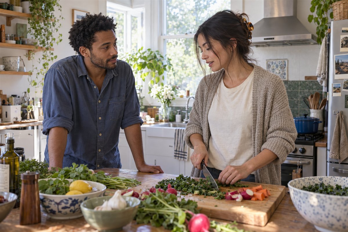 Two adults have a calm conversation while preparing a meal in a bright home kitchen.