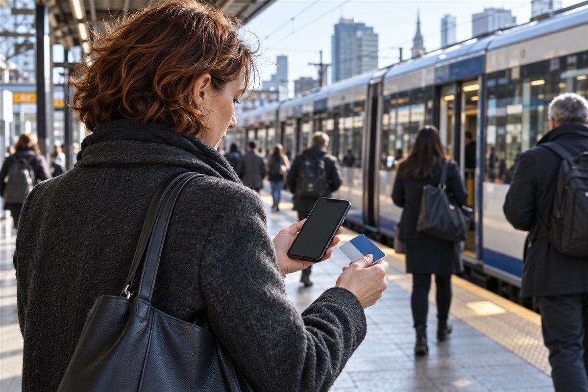 Une femme consulte son téléphone et son titre de transport sur un quai de gare animé.