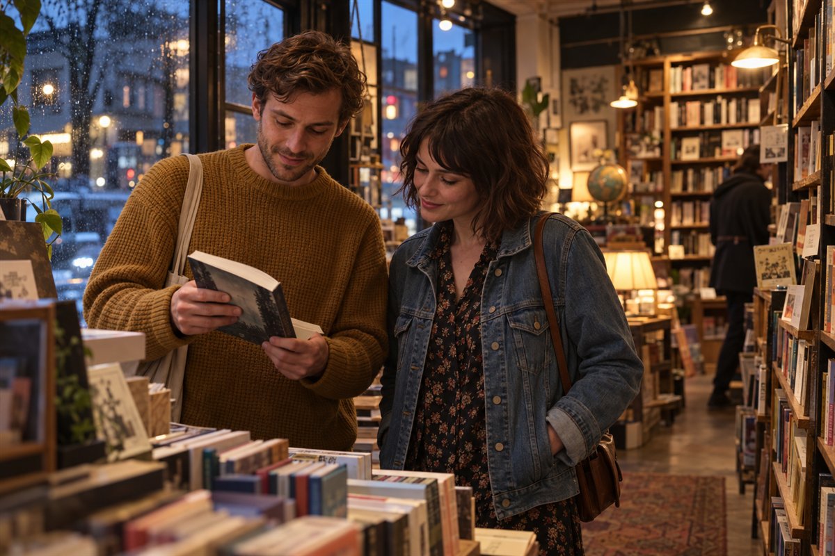 Two adults browse books together in a warmly lit independent bookshop.
